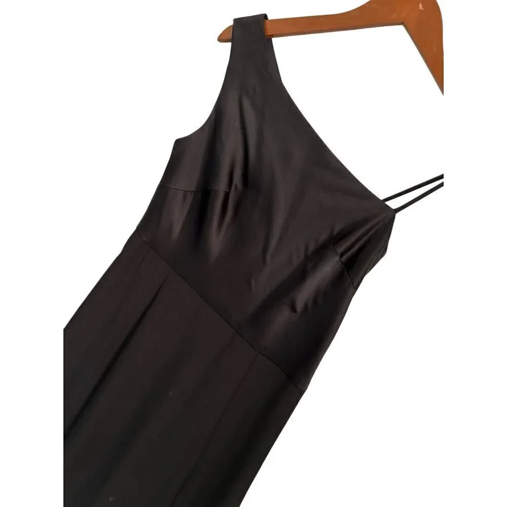 AMSALE Gown Black Satin Dress Maxi Prom Wedding One-shoulder Size 10